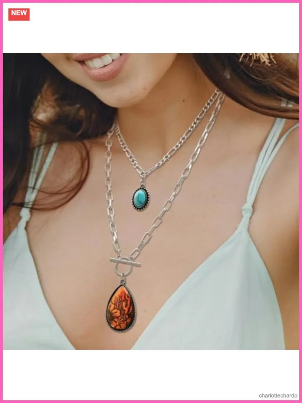 2 Pc Western Turquoise Pendant Necklace Set Boho Concho Cactus Toggle